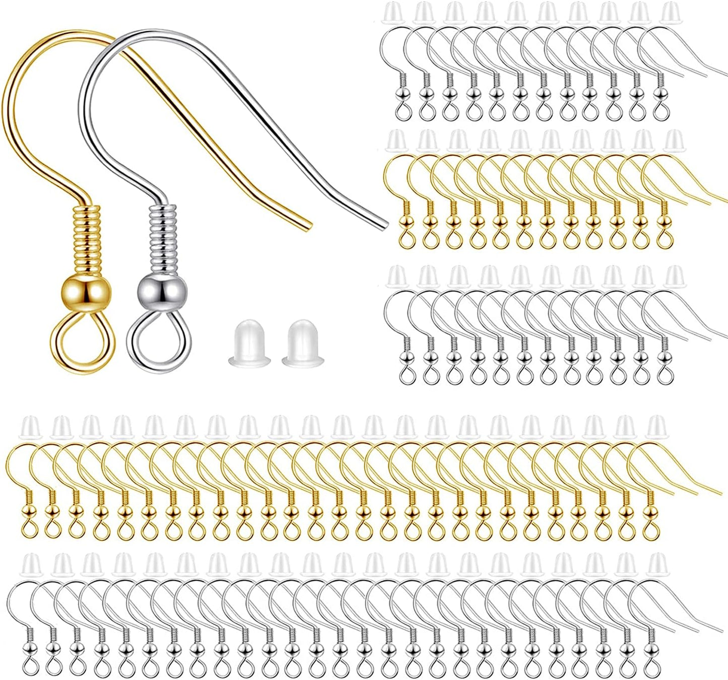 200pcs Mix Earring Hooks & Backs, Silver & Gold, 100pcs Hooks & 100pcs Backs, DIY Earring Supplies