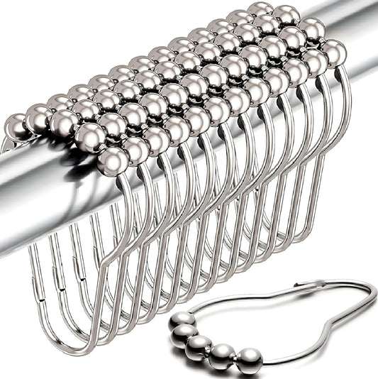 Shower Curtain Hooks Rust Proof (Set of 12) - Stainless Steel Shower Curtain Rings - Anti Slip Roller Balls for Easy Glide (Secure Lock Hooks, Polished Nickel)