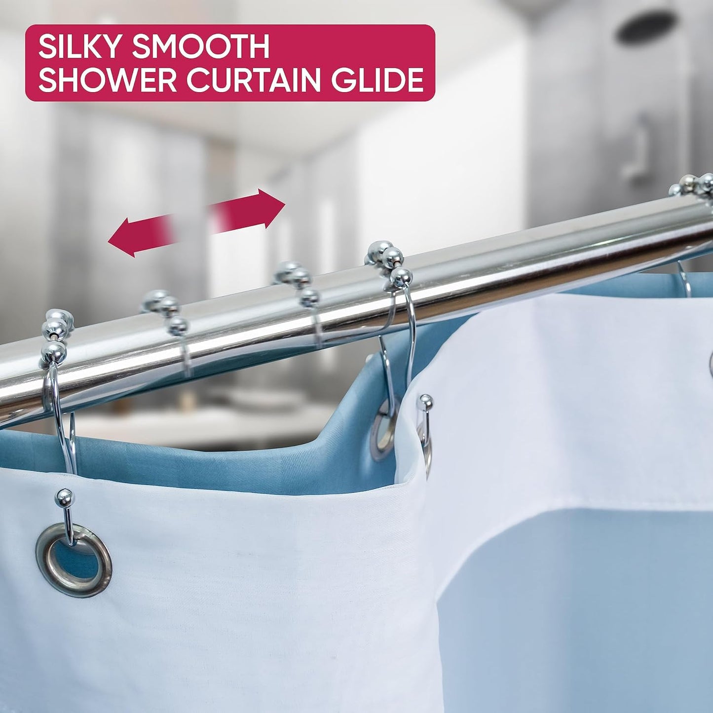 Shower Curtain Hooks Rust Proof (Set of 12) - Stainless Steel Shower Curtain Rings - Anti Slip Roller Balls for Easy Glide (Omega Double Hooks, Polished Nickel)