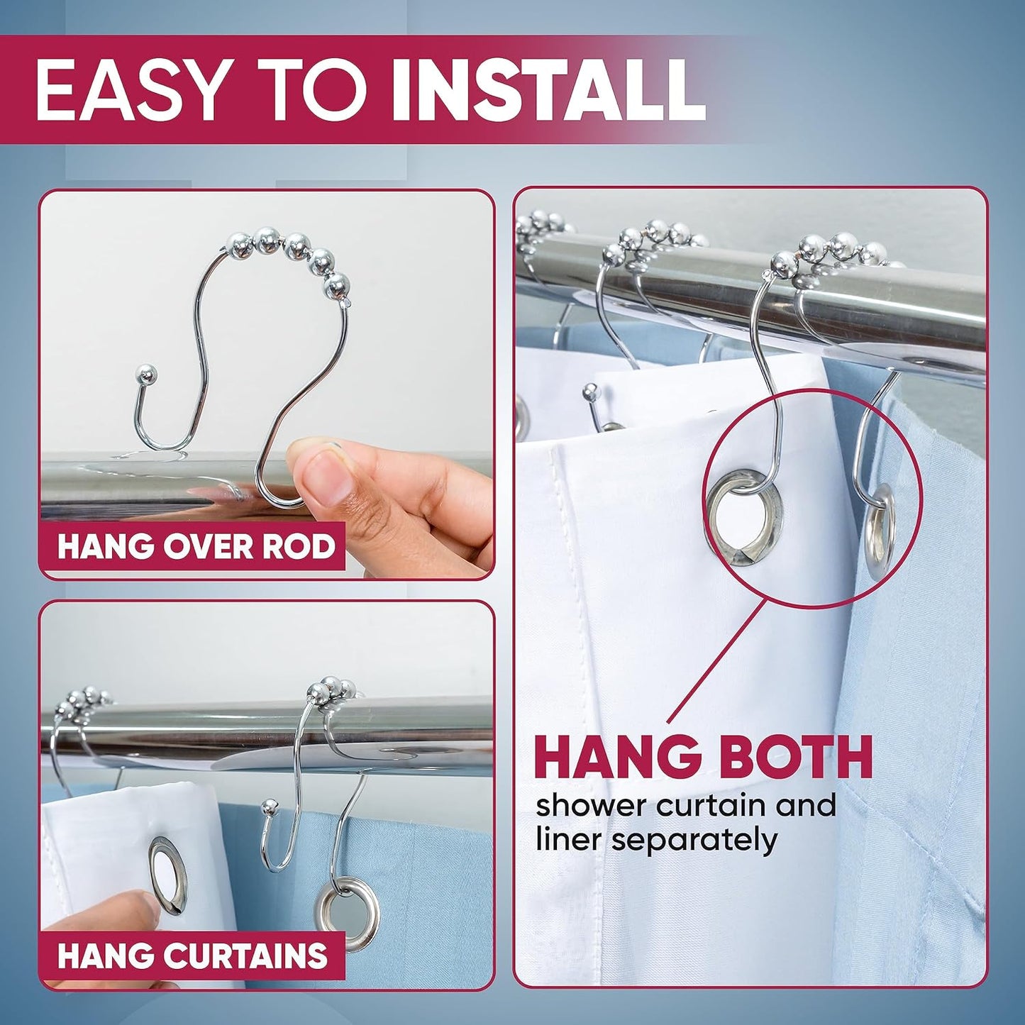 Shower Curtain Hooks Rust Proof (Set of 12) - Stainless Steel Shower Curtain Rings - Anti Slip Roller Balls for Easy Glide (Omega Double Hooks, Polished Nickel)