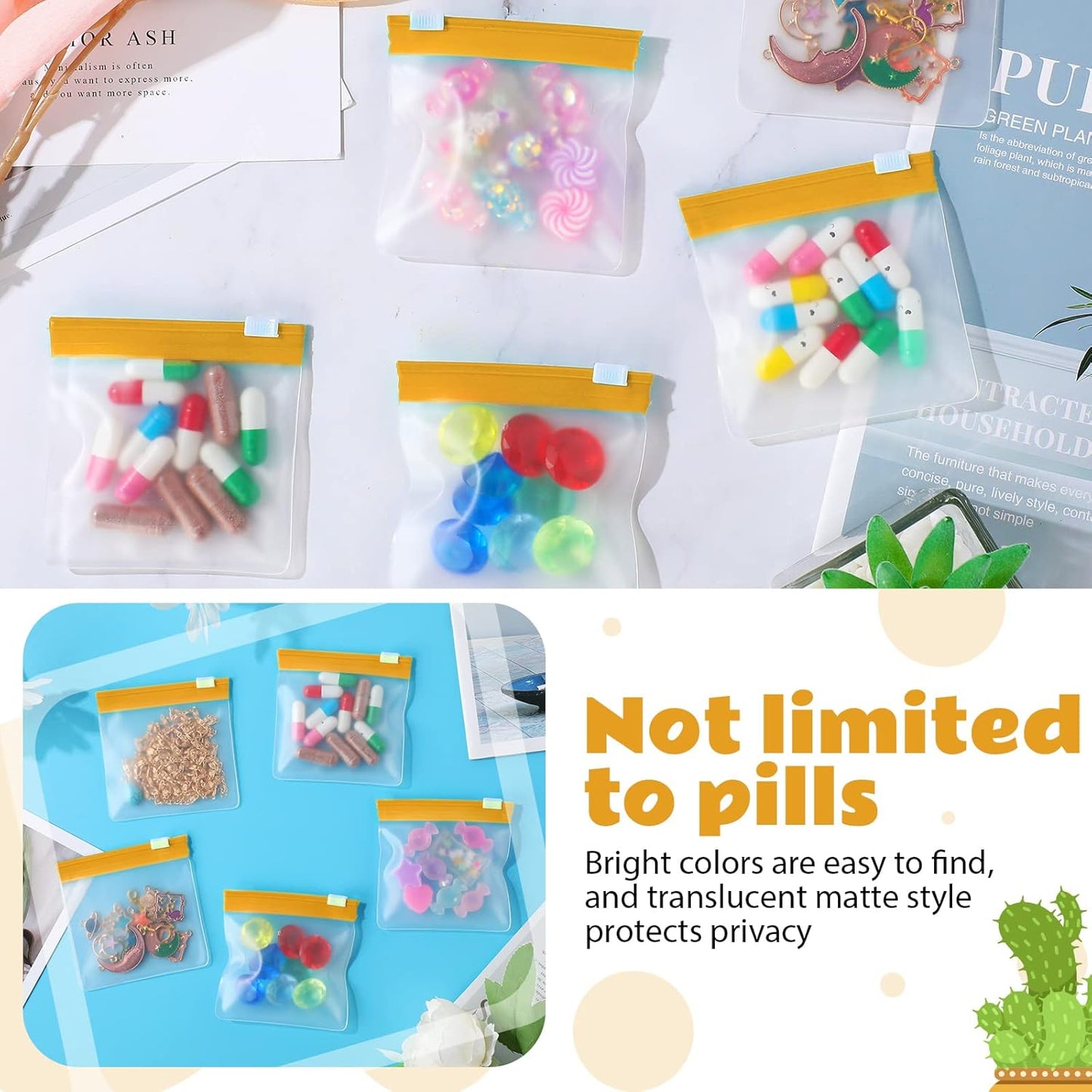 24 Pieces Pill Pouch Bags Zippered Set Reusable Translucent Medicine Organizer Sealing Travel Plastic Bags with Slide Lock for Storage(Yellow)