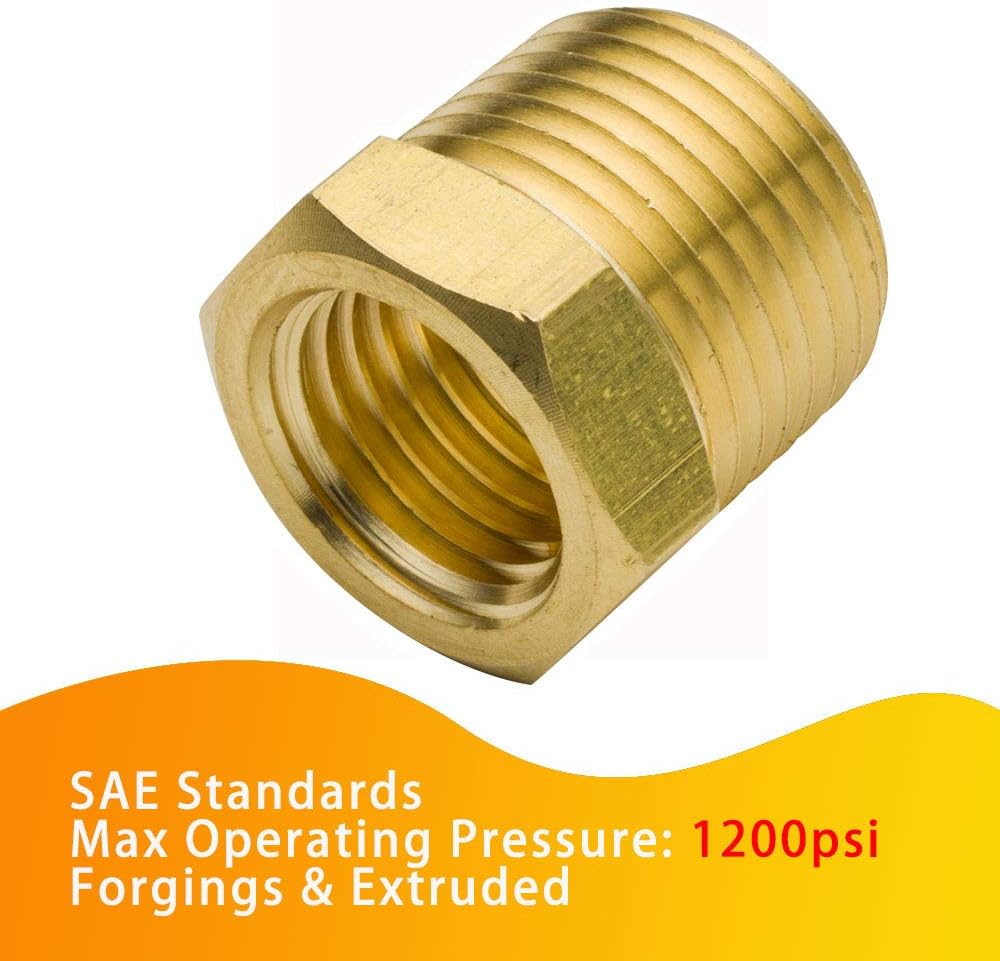 1/4" NPT Male to 1/8" NPT Female Brass Reducer Bushing Forged Hex Head Pipe Fitting 1200psi (Pack of 2)
