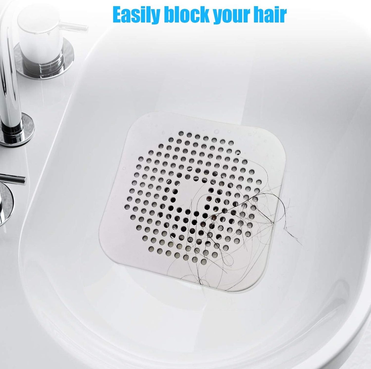 Square Drain Cover for Shower 5.7-inch TPR Drain Hair Catcher Flat Silicone Plug for Bathroom and Kitchen Filter Shower Drain Protection Flat Strainer Stopper with Suction Cups 2 Pack (White)