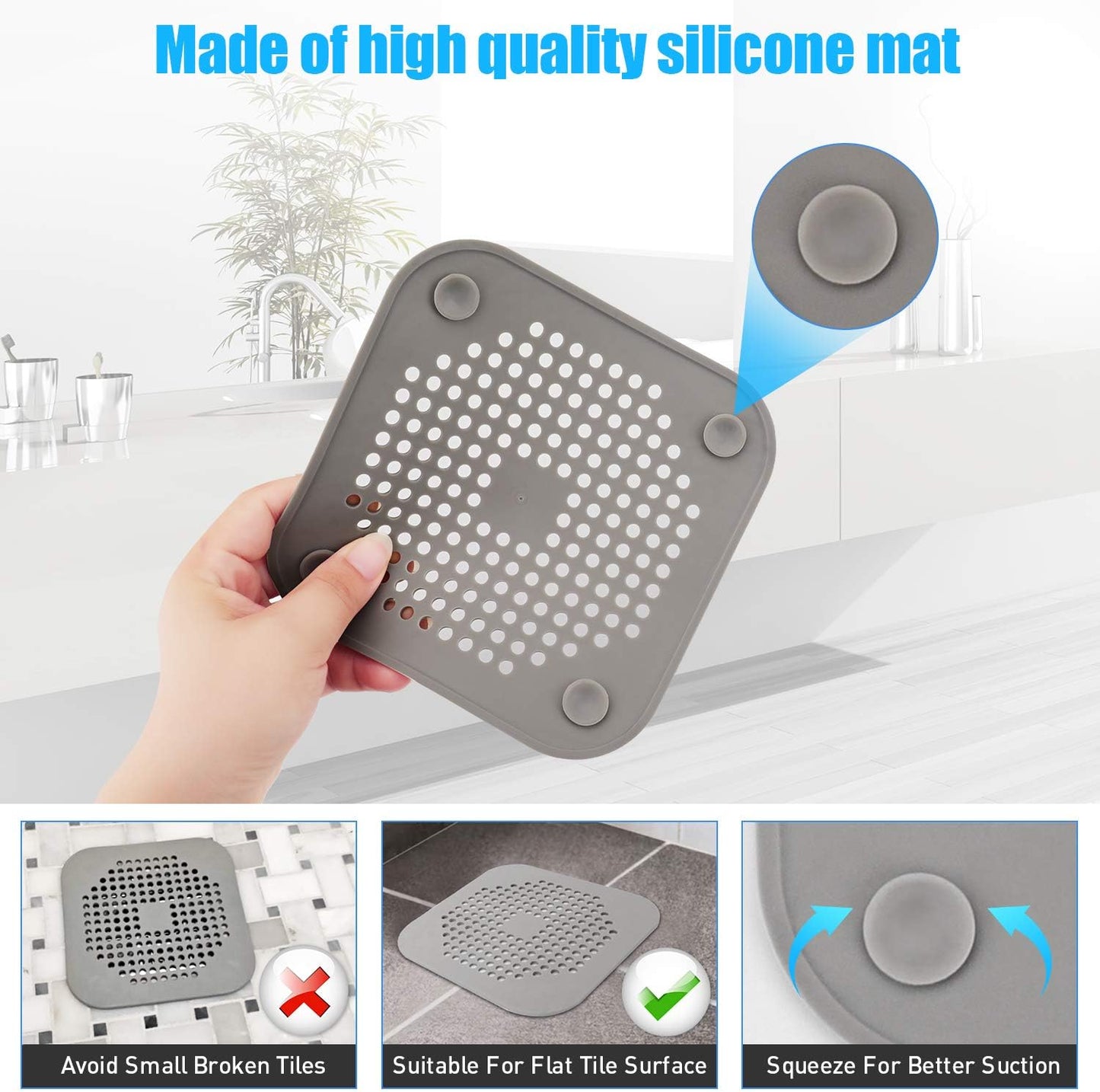 Square Drain Cover for Shower 5.7-inch TPR Drain Hair Catcher Flat Silicone Plug for Bathroom and Kitchen Grey/White Filter Shower Drain Protection Flat Strainer Stopper with Suction Cups (Grey+White)