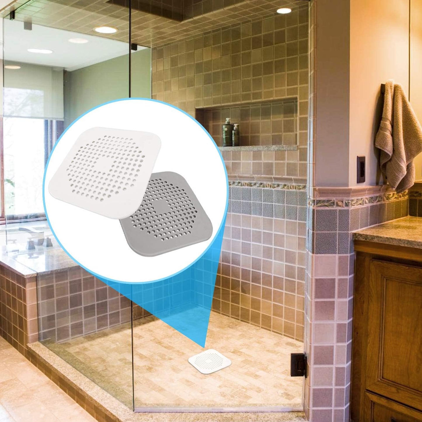 Square Drain Cover for Shower 5.7-inch TPR Drain Hair Catcher Flat Silicone Plug for Bathroom and Kitchen Grey/White Filter Shower Drain Protection Flat Strainer Stopper with Suction Cups (Grey+White)