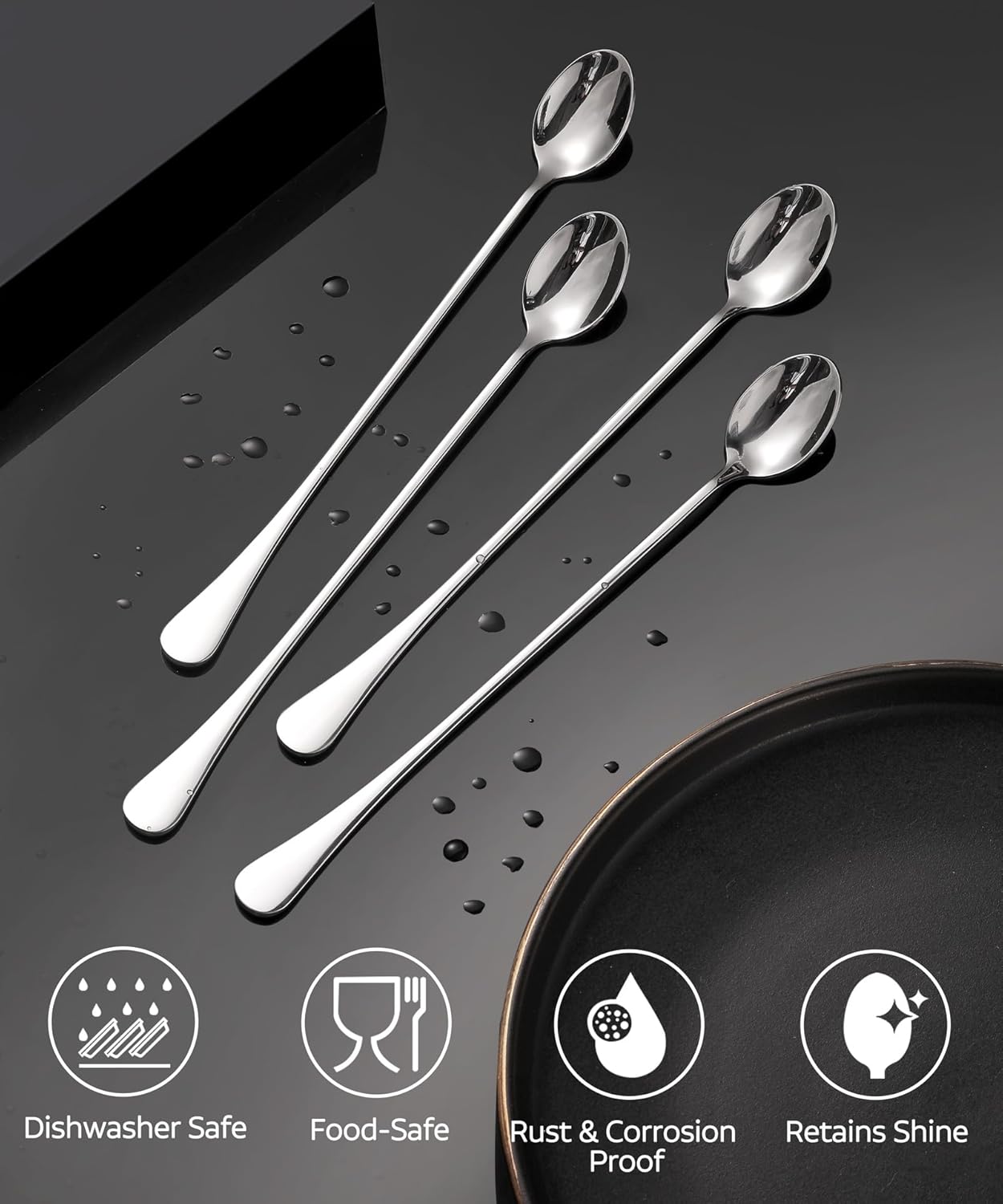 9.5-Inch Long Handle Iced Tea Spoon, Coffee Spoons, Ice Cream Spoons, Stainless Steel Cocktail Stirring Spoons, Set of 4