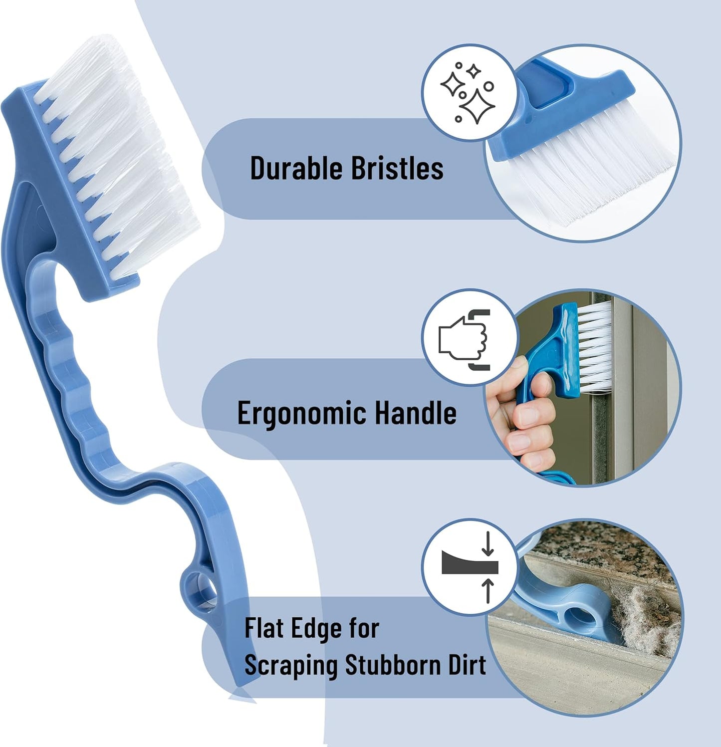 Slick- Window Track Cleaning Brush, 2 Pack, Blue Ergonomic Handle, Built-in Scraper, Multipurpose, Window Track Cleaning Tools