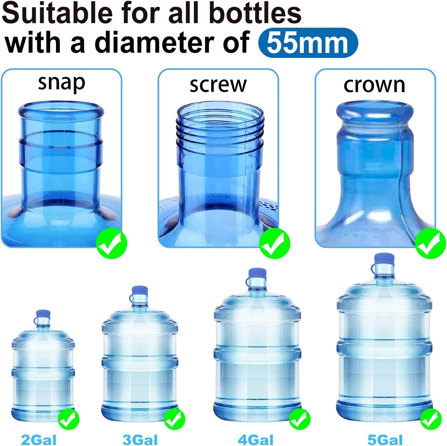 3 & 5 Gallon Water Jug Cap Reusable, Food Grade Silicone Replacement Gallon Caps for 55mm Standard/Screw/Crown Tops Water Bottle and Water Dispensers, Non-Spill Lids for Anti-Splash, Leak Free (3PCS)