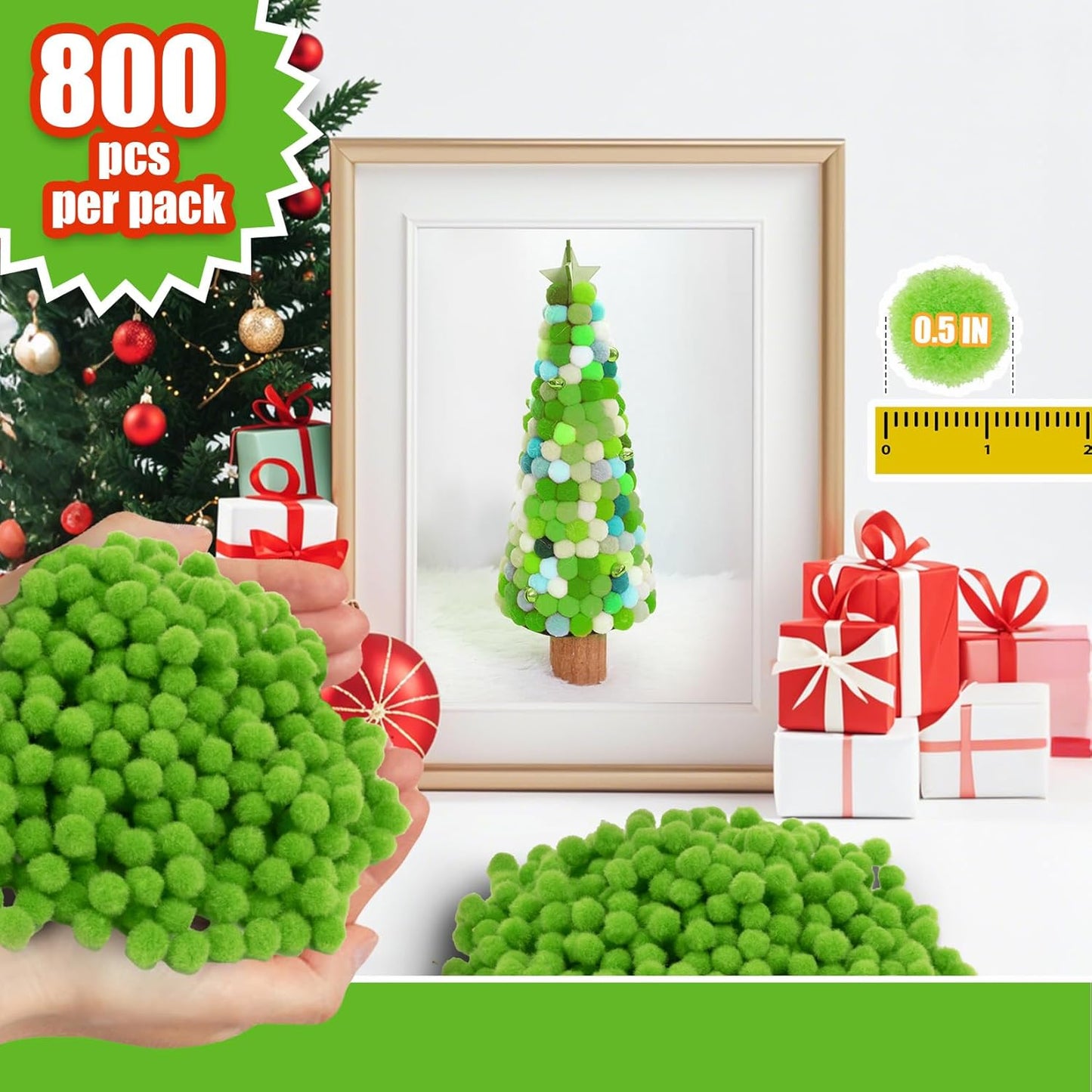 Light Green Pom Poms for Crafts - 800pcs Vivid Soft Fluffy Balls pompones para llaveros for DIY Projects, Party Decor, Scrapbooking, Home Decor & Arts Supplies,1/2 Inch
