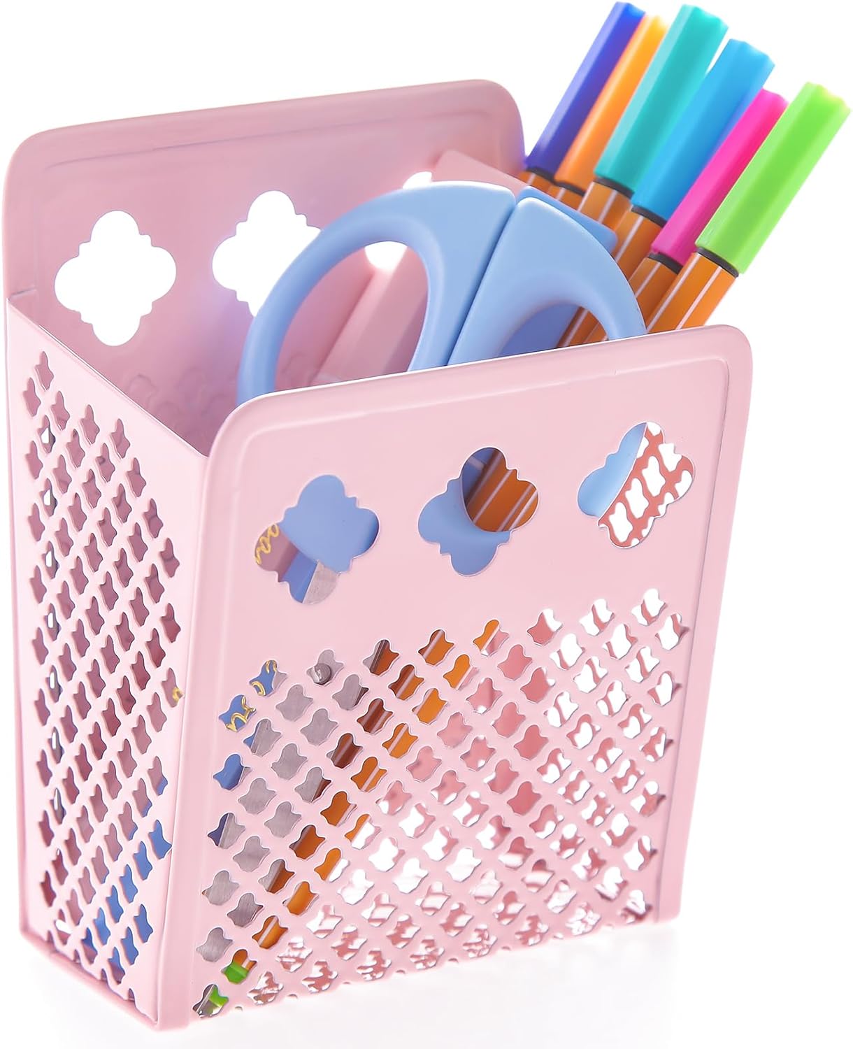 Magnetic Pen Holder, Mesh Metal Strong Magnet Dry Erase Marker Holder Pencil Organizer Small Items Basket for Refrigerator, Whiteboard, Locker Accessories-Pink