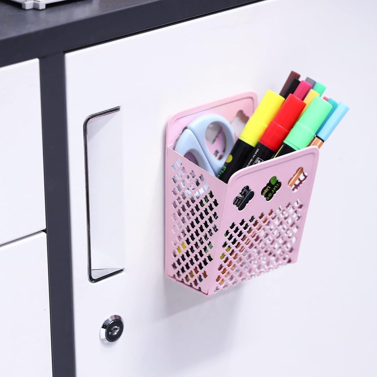 Magnetic Pen Holder, Mesh Metal Strong Magnet Dry Erase Marker Holder Pencil Organizer Small Items Basket for Refrigerator, Whiteboard, Locker Accessories-Pink