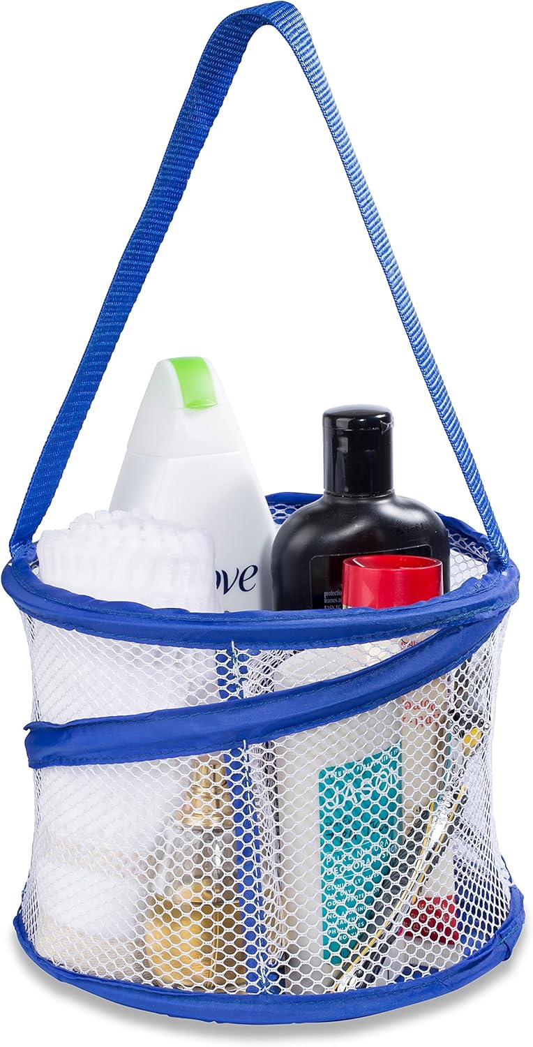 Foldable Shower Caddy - Collapsible, Portable, Drainage Hole, Carry Handle, Large Compartments. Great Organizer for Camp, Travel, Gym, and Dorm (Blue)