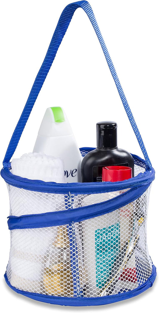 Foldable Shower Caddy - Collapsible, Portable, Drainage Hole, Carry Handle, Large Compartments. Great Organizer for Camp, Travel, Gym, and Dorm (Blue)