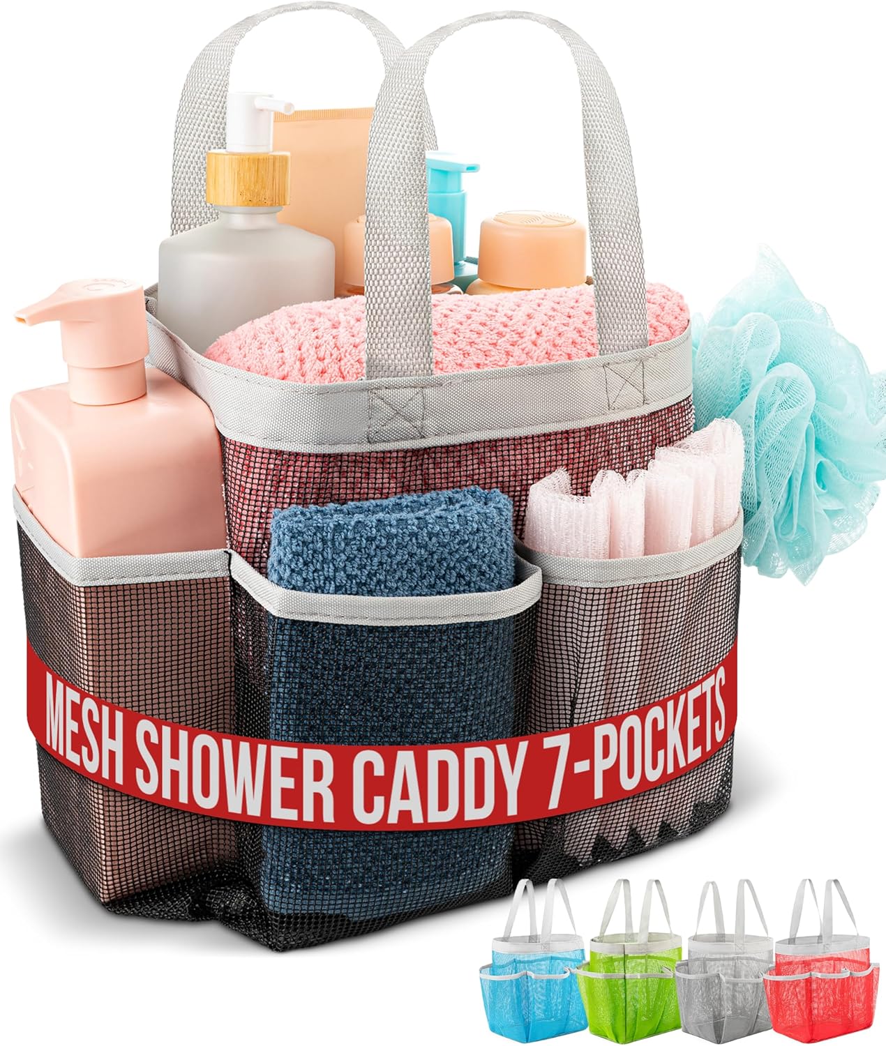 Mesh Shower Caddy – 7 Pocket Portable Organizer Tote for College Dorm, Gym, Travel & Bathroom – Quick Dry, Collapsible, Lightweight Bag with Reinforced Handles (Black)