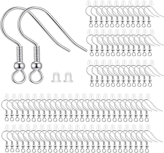 Fish Hook Earring Hooks 150pcs Earring Findings with Backs for Ear Wire Supplies Ear Post Making DIY (150pcs Silver Earrwires and 150 pcs Backs, Total 300pcs)