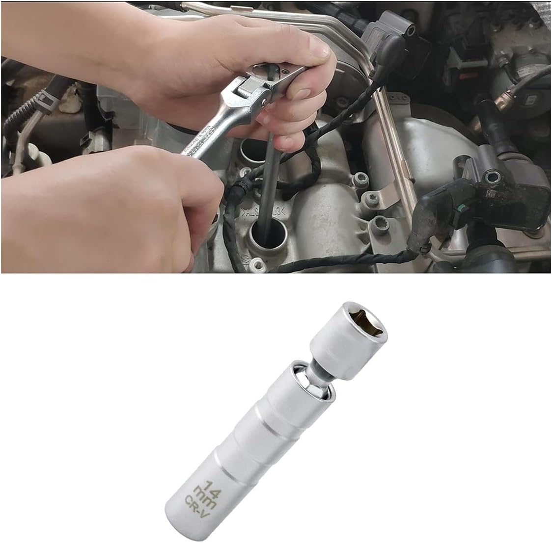 14mm Magnetic Swivel Spark Plug Socket, Thin Wall 3/8 Inch Drive 12-Point Standard Spark Plug Socket Removal Tool 360-degree Rotation, Suitable for Most Car Models