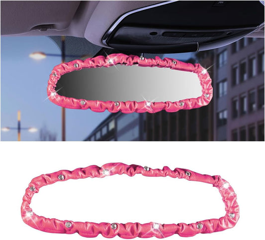Elastic Bling Rear View Mirror Cover, Crystal Rhinestone Auto Rear View Mirror Protector for Car, Van, SUV, Car Interior Decorative Accessories for Women Girls (Pink)