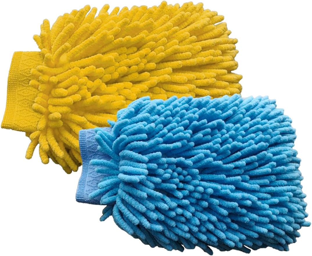 2PCS Microfiber Soft Chenille Car Wash Mitts, Scratch and Lint Free Car Dusting Glove, Double Sided Wash Mitt, Ultra Absorbent for Car Washing, Home Cleaning Mitt (Blue&Yellow)
