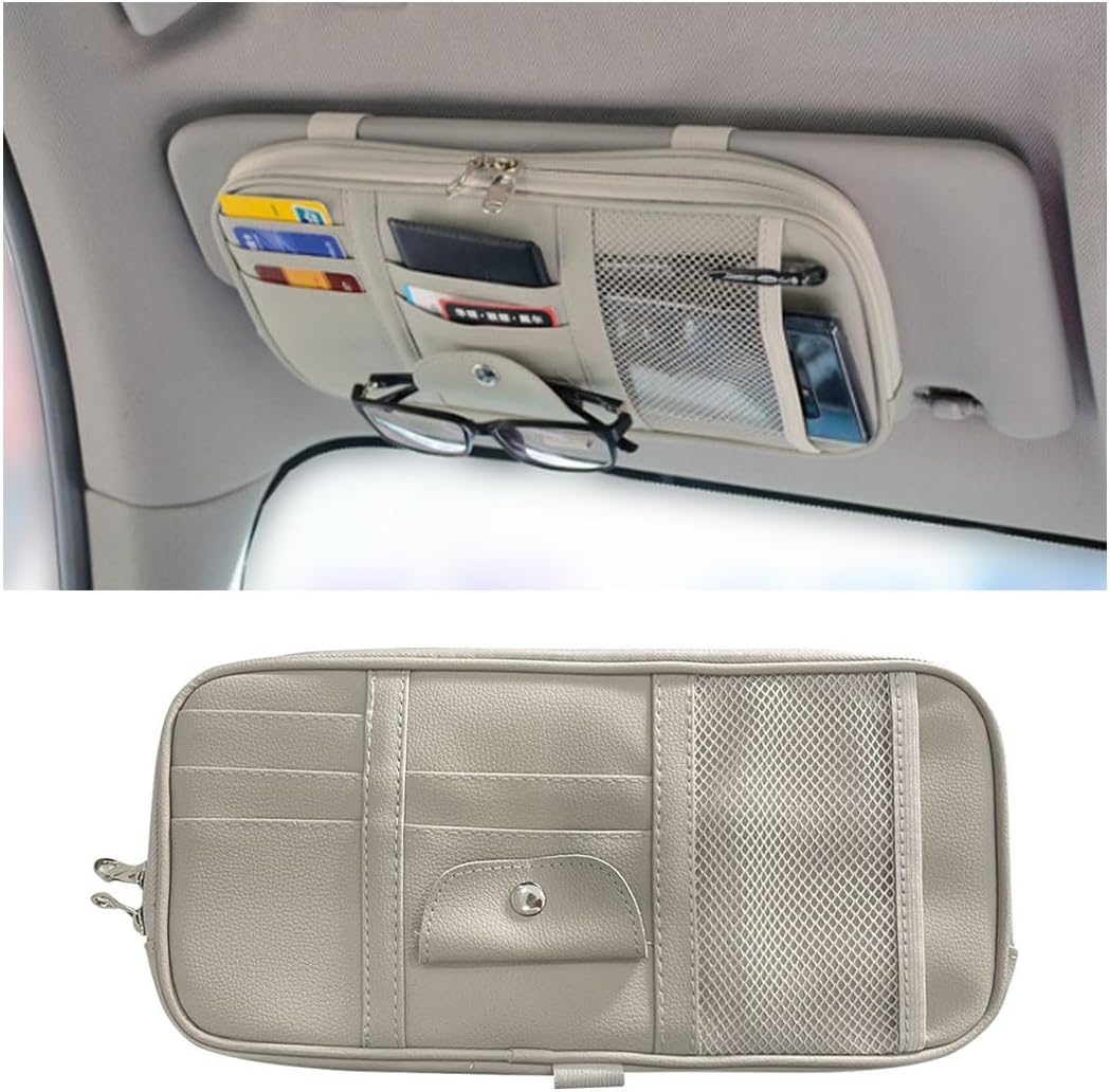 Car Sun Visor Organizer - Sunglasses Holders with Multi-Pocket Net Zippers, SUV Storage Pouch Holder