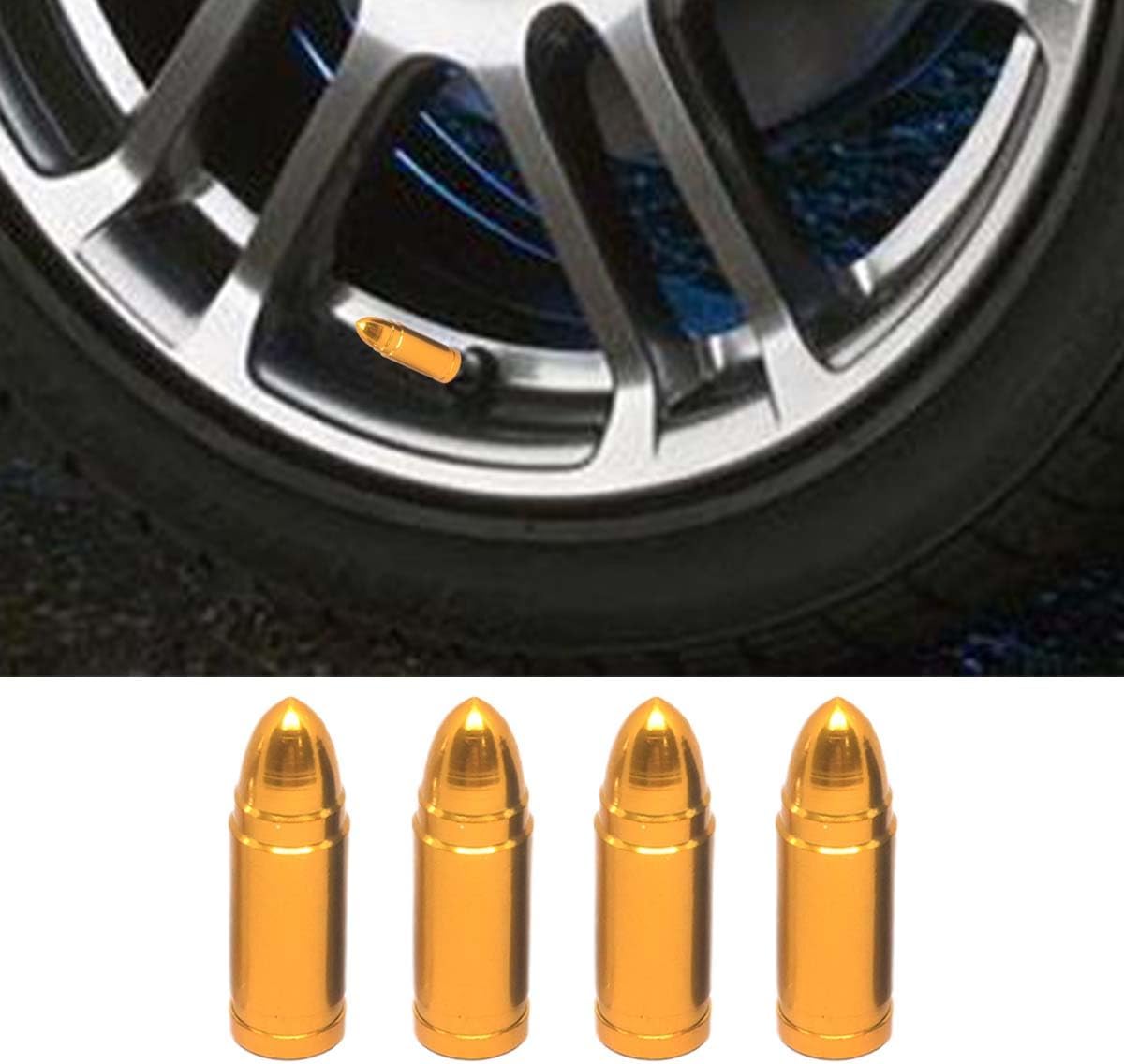 4PCS Bullet Style Tire Valve Stem Caps, Aluminium Alloy Corrosion Resistant Car Tire Valve Replacement Covers, Dust Proof Auto Wheel Accessories for Trucks, Cars, Motorcycles (Gold)