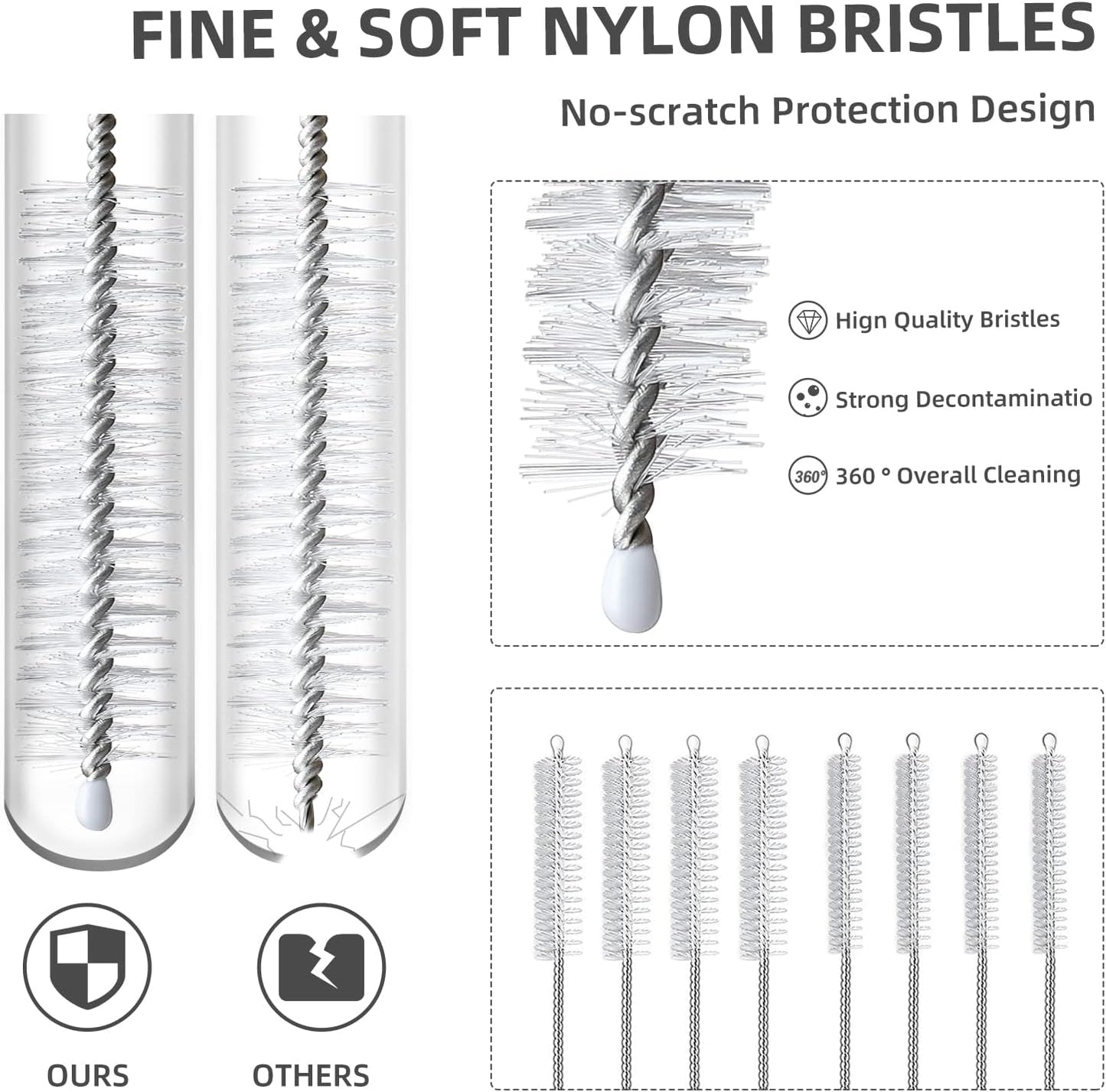Straw Cleaner Brush Set, 8-Piece Long Cleaning Brush for Straws on Tumbler, Water Bottle, Sippy Cup, and Pipes, Tubes or Hummingbird Feeders