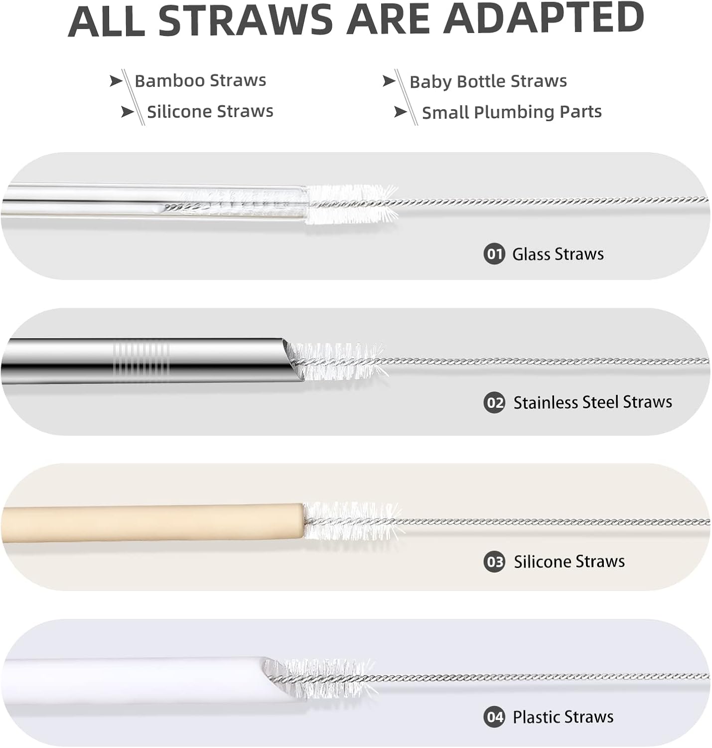 Straw Cleaner Brush Set, 8-Piece Long Cleaning Brush for Straws on Tumbler, Water Bottle, Sippy Cup, and Pipes, Tubes or Hummingbird Feeders