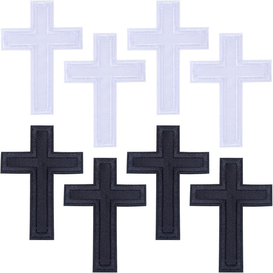 8pcs Cross Iron on Patches, Christian Cross Embroidered Applique, Sewing on Patch DIY Decor Repair Fabric for Clothes Jean Shirt Hat Jacket Backpack- Black & White