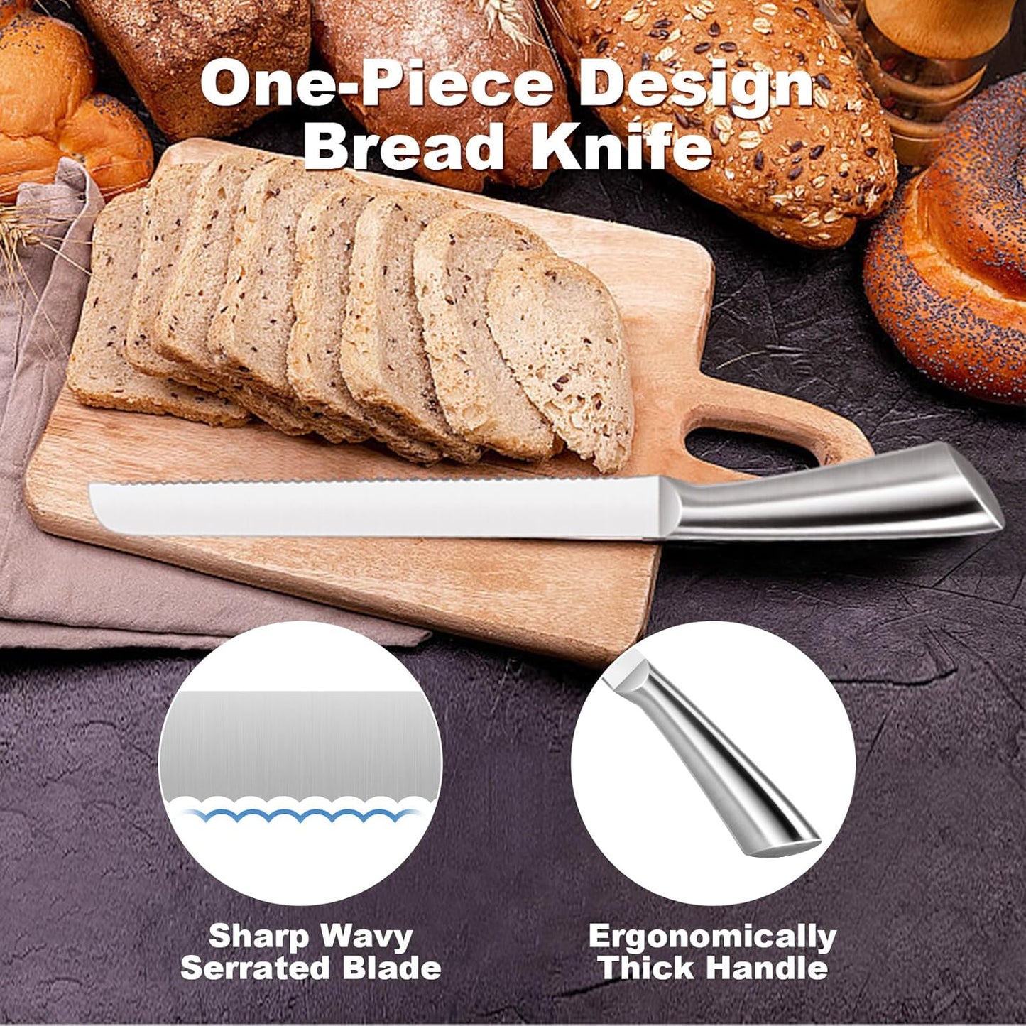 Serrated Bread Knife, Pastry-Slicer - 10 Inch/24CM Blade,One-Piece Stainless Steel Design,Best Knives for Slicing Bread, Bagels, Cake