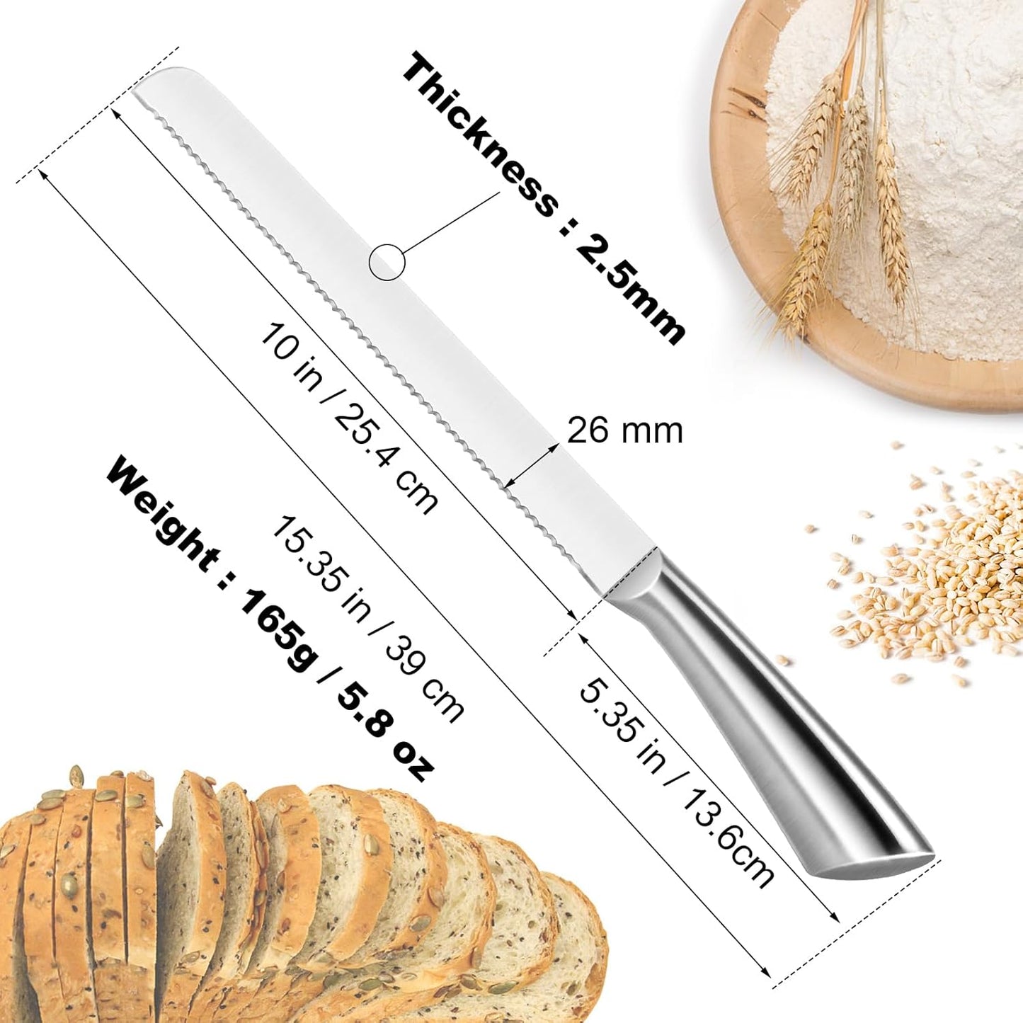 Serrated Bread Knife, Pastry-Slicer - 10 Inch/24CM Blade,One-Piece Stainless Steel Design,Best Knives for Slicing Bread, Bagels, Cake