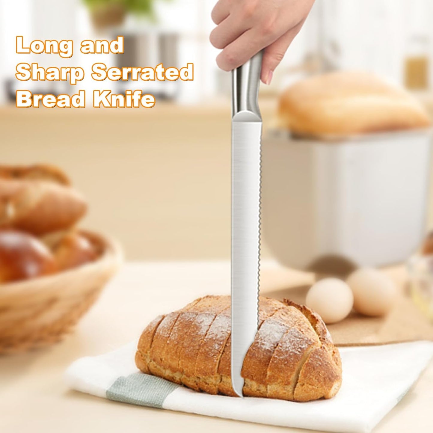 Serrated Bread Knife, Pastry-Slicer - 10 Inch/24CM Blade,One-Piece Stainless Steel Design,Best Knives for Slicing Bread, Bagels, Cake