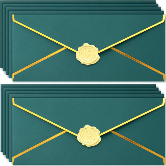 10 Pack Gold Border Business Envelopes, 9.44x4.11 Inch Self Seal Envelopes and Stickers, Standard Business Stationery Sets for Letters Office Checks Cards Documents- Green