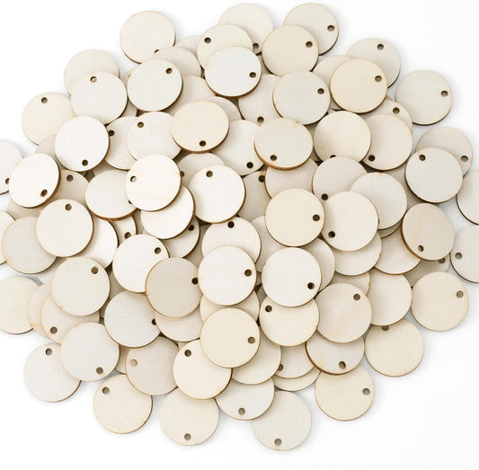 150pcs Unfinished Wood Circle for Crafts, 1 Inch Blank Hanging Wooden Discs with Holes, Natural Wood Circles Disc Cutout for Signs DIY Crafts Decoration- Wood Color