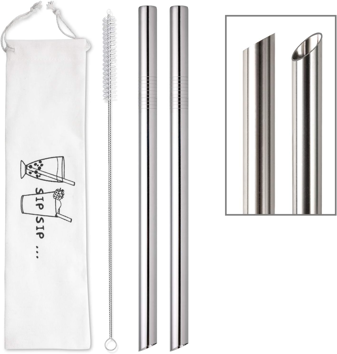 [Angled Tips] 2 Pcs Jumbo Reusable Bubble Tea Straws & Smoothie Straws, 0.5" Wide Stainless Steel Straw, Metal Straw for Boba, Tapioca Pearl, Milkshakes,Smoothies | 1 Cleaning Brush & 1 Case
