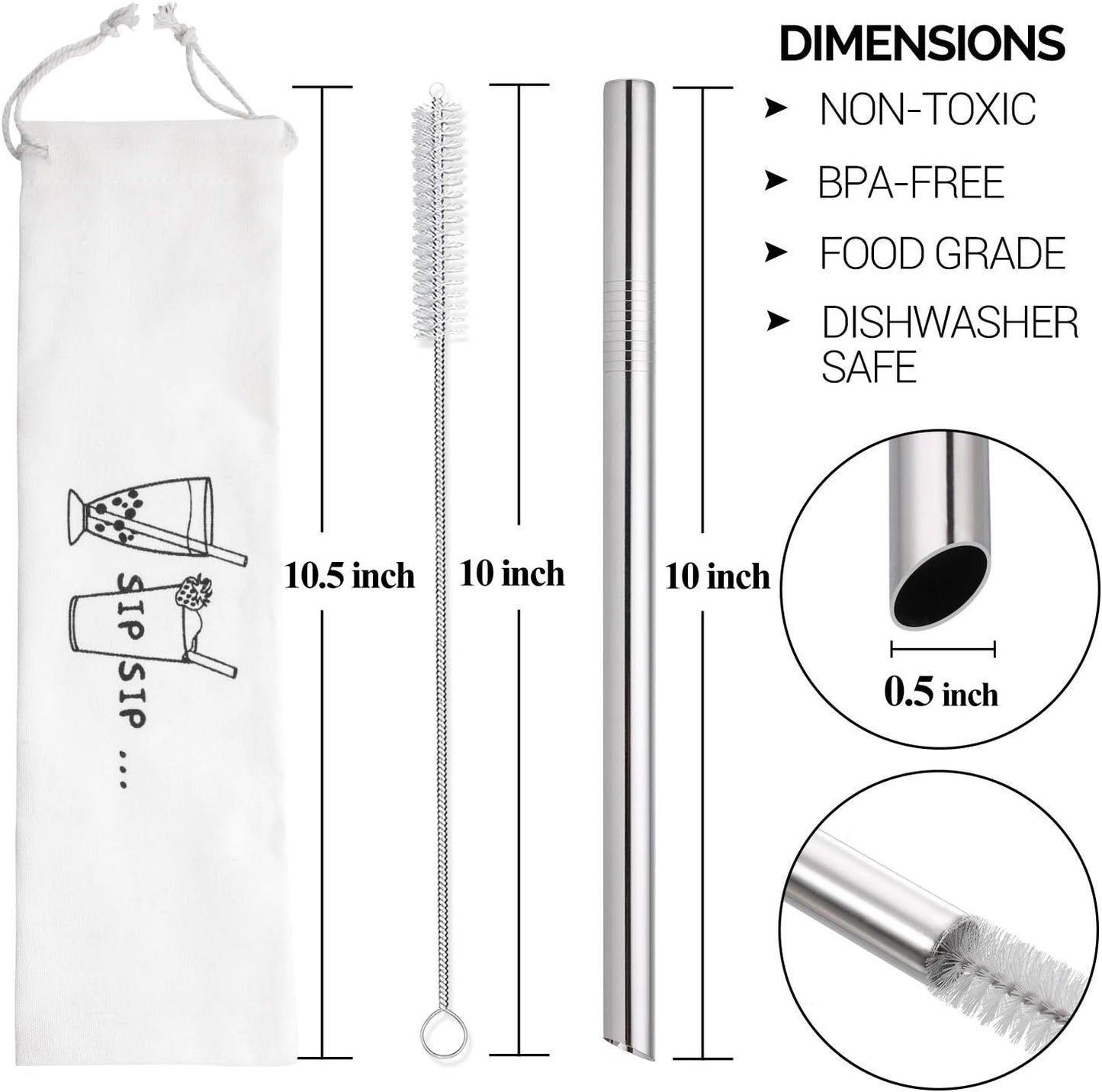 [Angled Tips] 2 Pcs Jumbo Reusable Bubble Tea Straws & Smoothie Straws, 0.5" Wide Stainless Steel Straw, Metal Straw for Boba, Tapioca Pearl, Milkshakes,Smoothies | 1 Cleaning Brush & 1 Case