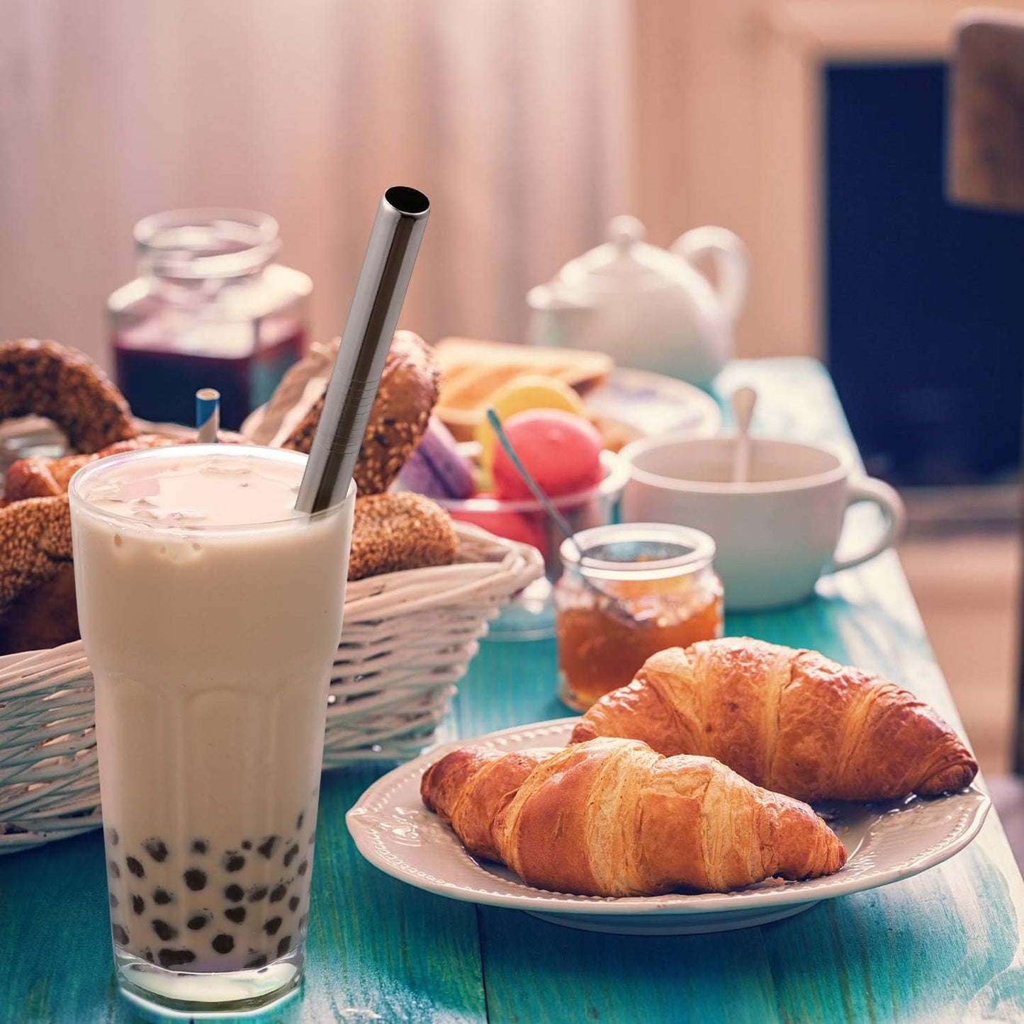[Angled Tips] 2 Pcs Jumbo Reusable Bubble Tea Straws & Smoothie Straws, 0.5" Wide Stainless Steel Straw, Metal Straw for Boba, Tapioca Pearl, Milkshakes,Smoothies | 1 Cleaning Brush & 1 Case