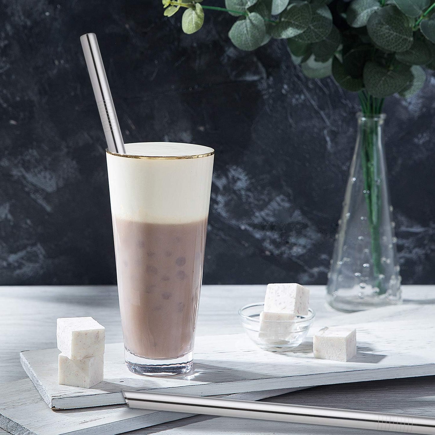 [Angled Tips] 2 Pcs Jumbo Reusable Bubble Tea Straws & Smoothie Straws, 0.5" Wide Stainless Steel Straw, Metal Straw for Boba, Tapioca Pearl, Milkshakes,Smoothies | 1 Cleaning Brush & 1 Case