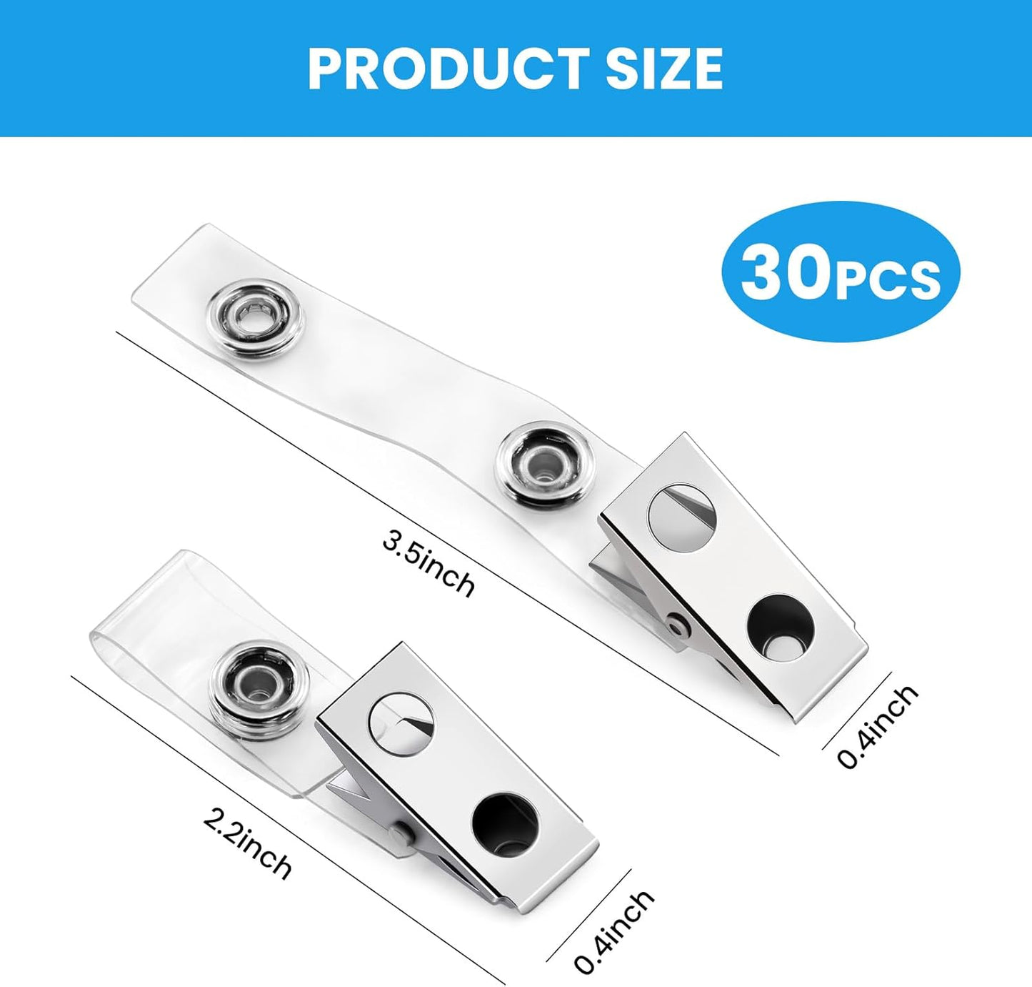 30 Pcs Metal Badge Clips with Clear PVC Straps ID Strap Clip Double Holes Badge Holder Clips ID Clip for Badges, Work Badges