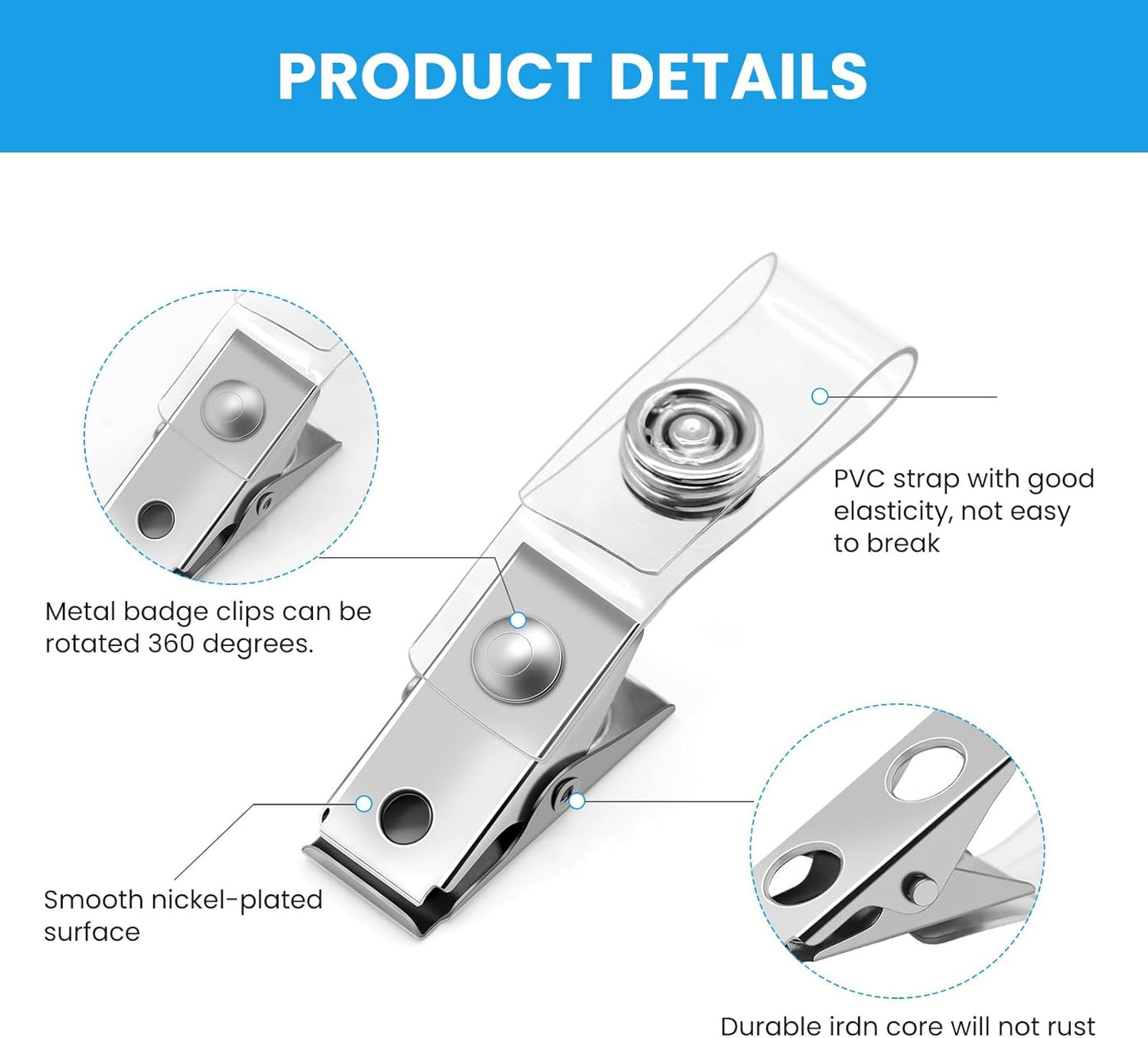 30 Pcs Metal Badge Clips with Clear PVC Straps ID Strap Clip Double Holes Badge Holder Clips ID Clip for Badges, Work Badges