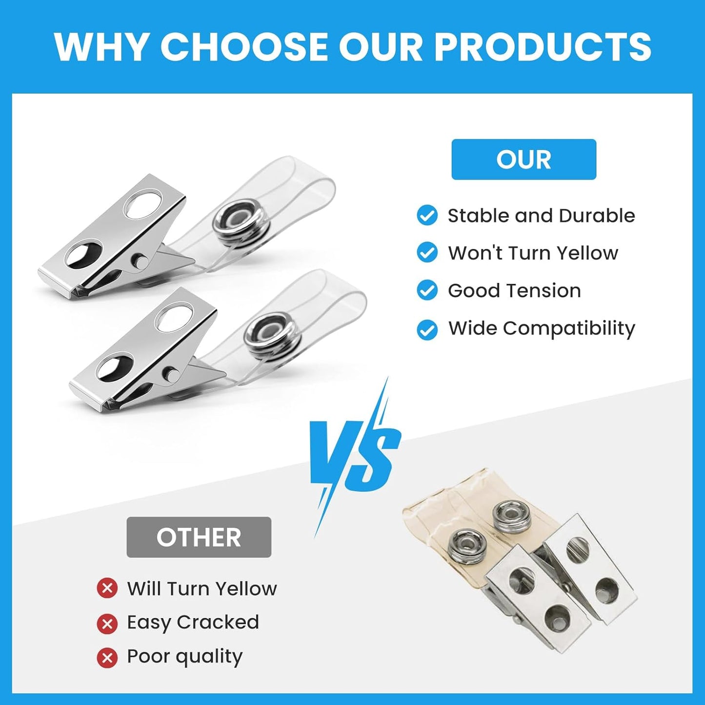 30 Pcs Metal Badge Clips with Clear PVC Straps ID Strap Clip Double Holes Badge Holder Clips ID Clip for Badges, Work Badges