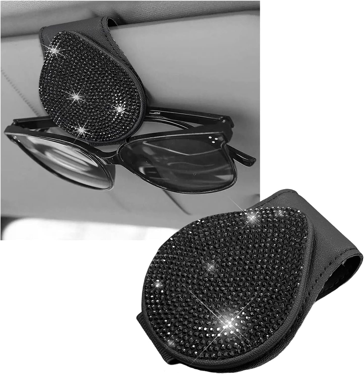 Bling Sunglass Holder for Car Visor, Magnetic Leather Visor Clip Glasses Holder with Sparkling Rhinestones, Crystal Visor Ticket Card Clip for Women Girls, Car Accessories (Black)