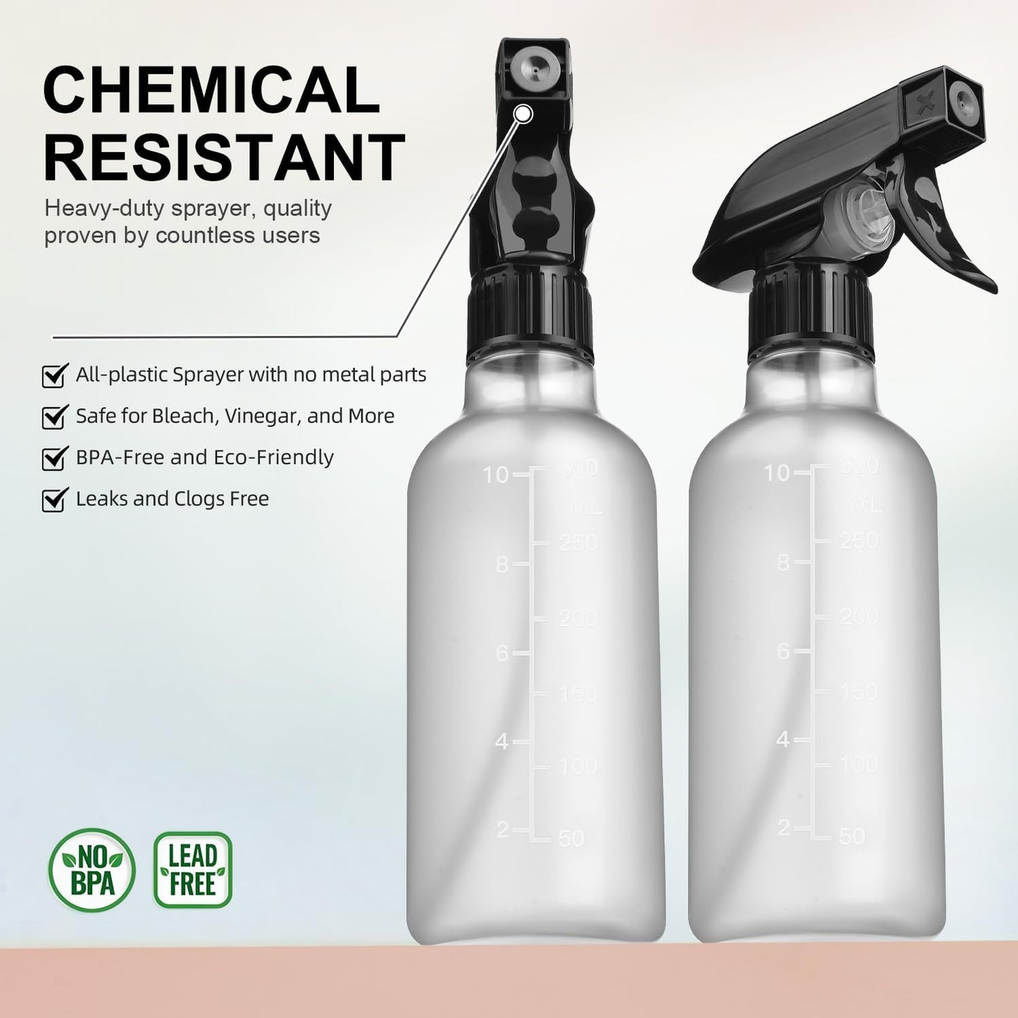 Spray Bottles 2 Pack, 10 Oz, Mist & Stream, Heavy Duty Spraying Empty Water Sprayer Bottle, BPA Free Plastic Refillable Containers for Cleaning Solutions, Planting, Hair with Measurement