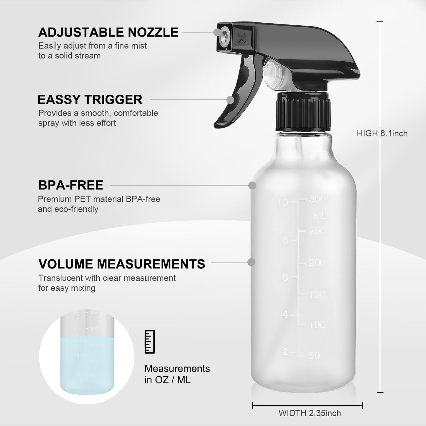 Spray Bottles 2 Pack, 10 Oz, Mist & Stream, Heavy Duty Spraying Empty Water Sprayer Bottle, BPA Free Plastic Refillable Containers for Cleaning Solutions, Planting, Hair with Measurement