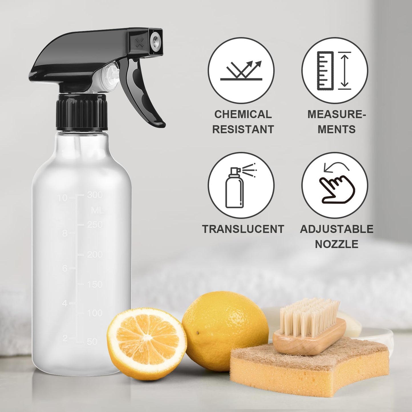 Spray Bottles 2 Pack, 10 Oz, Mist & Stream, Heavy Duty Spraying Empty Water Sprayer Bottle, BPA Free Plastic Refillable Containers for Cleaning Solutions, Planting, Hair with Measurement