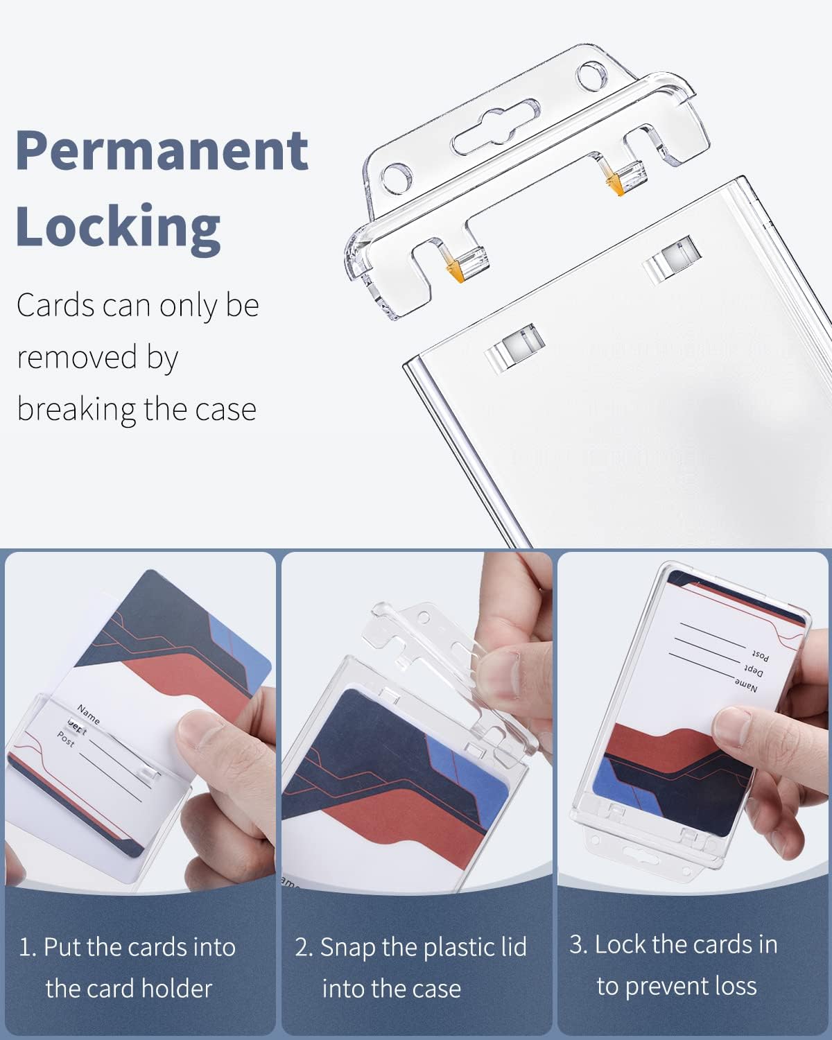 2 Pack Permanent Locking ID Badge Holder for Less Frequently Used Cards Vertical Hard Plastic Case Clear Card Protector Pouch for Passes Access Cards Student IDs Proximity RFID Key Cards