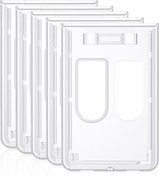 5 Pack Vertical 2-Card Badge Holder Hard Frosted Plastic Case with Thumb Slots Card Protector Pouch with UV Protection for Offices Schools IDs Credit Cards Driver’s Licenses and Passes