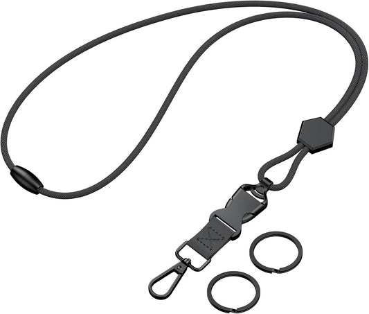 Breakaway Lanyard for ID Badges, Heavy Duty Neck Lanyard with Safety Breakaway Buckle Detachable Buckle Length Adjuster Swivel Hook & Key Rings, Adjustable Round Cord for Keys, Black