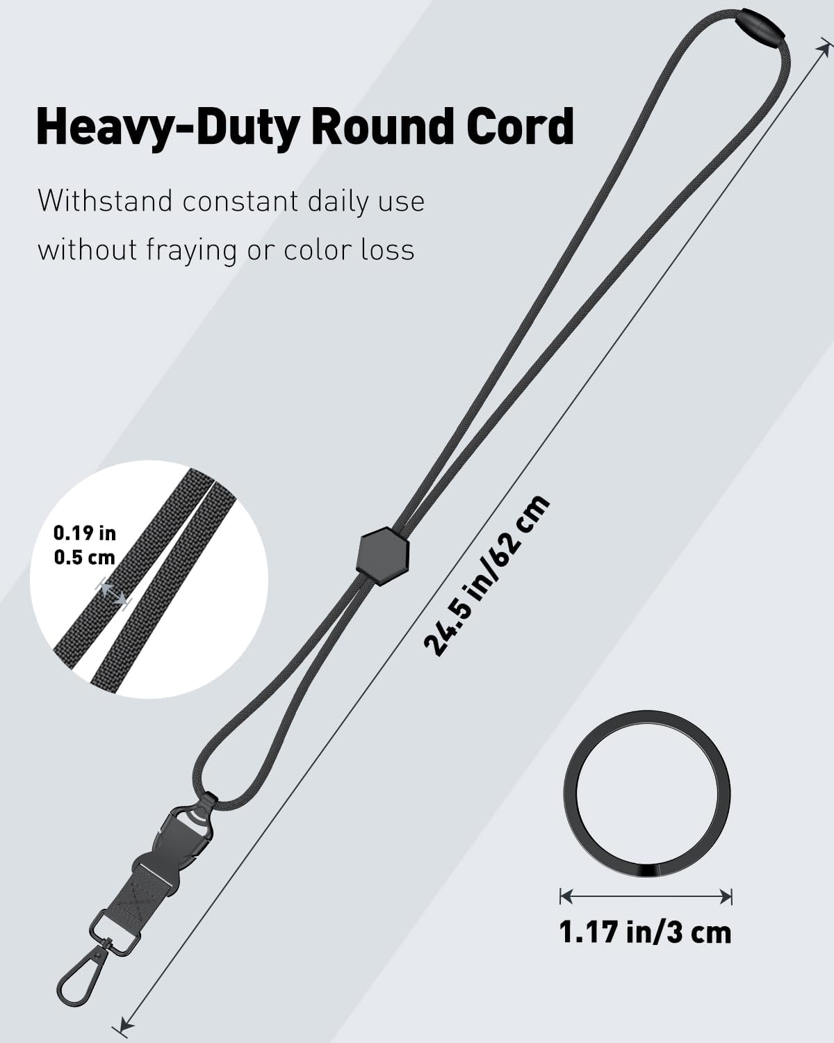 Breakaway Lanyard for ID Badges, Heavy Duty Neck Lanyard with Safety Breakaway Buckle Detachable Buckle Length Adjuster Swivel Hook & Key Rings, Adjustable Round Cord for Keys, Black