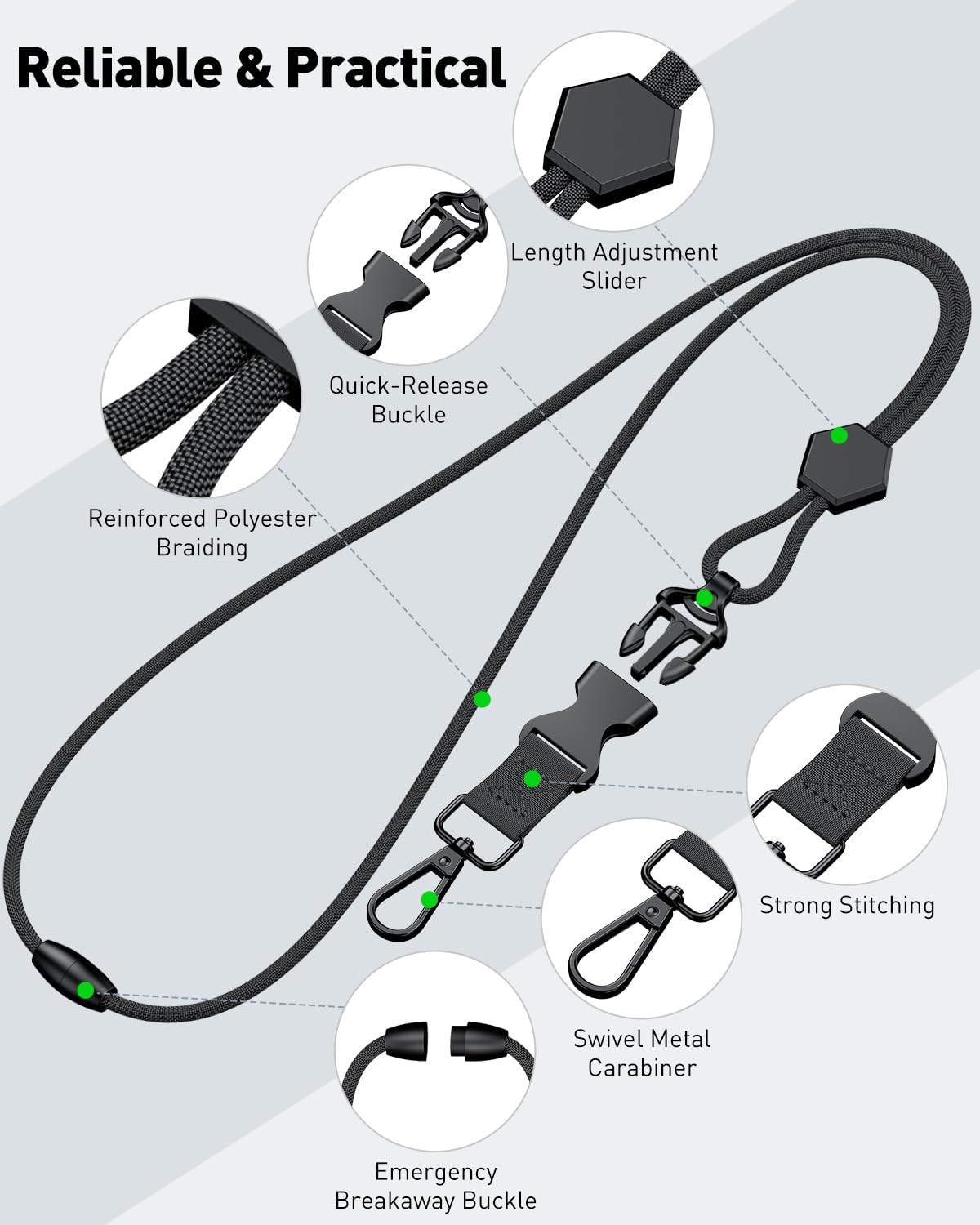Breakaway Lanyard for ID Badges, Heavy Duty Neck Lanyard with Safety Breakaway Buckle Detachable Buckle Length Adjuster Swivel Hook & Key Rings, Adjustable Round Cord for Keys, Black