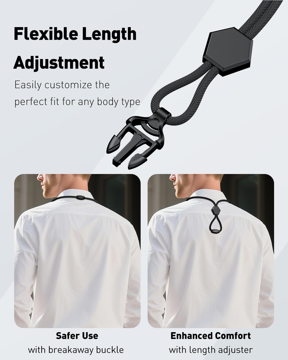 Breakaway Lanyard for ID Badges, Heavy Duty Neck Lanyard with Safety Breakaway Buckle Detachable Buckle Length Adjuster Swivel Hook & Key Rings, Adjustable Round Cord for Keys, Black