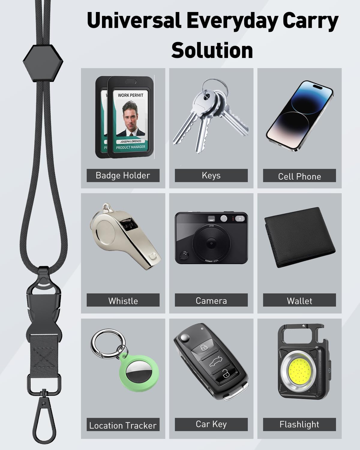 Breakaway Lanyard for ID Badges, Heavy Duty Neck Lanyard with Safety Breakaway Buckle Detachable Buckle Length Adjuster Swivel Hook & Key Rings, Adjustable Round Cord for Keys, Black